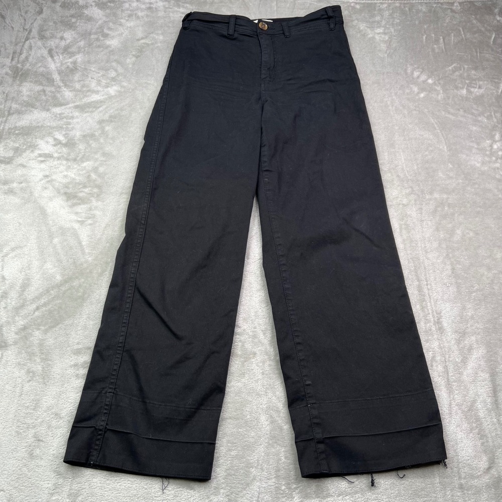 Marine Layer Pants Womens 4 Black Bridget Wide Leg Cropped Raw Hem Trousers